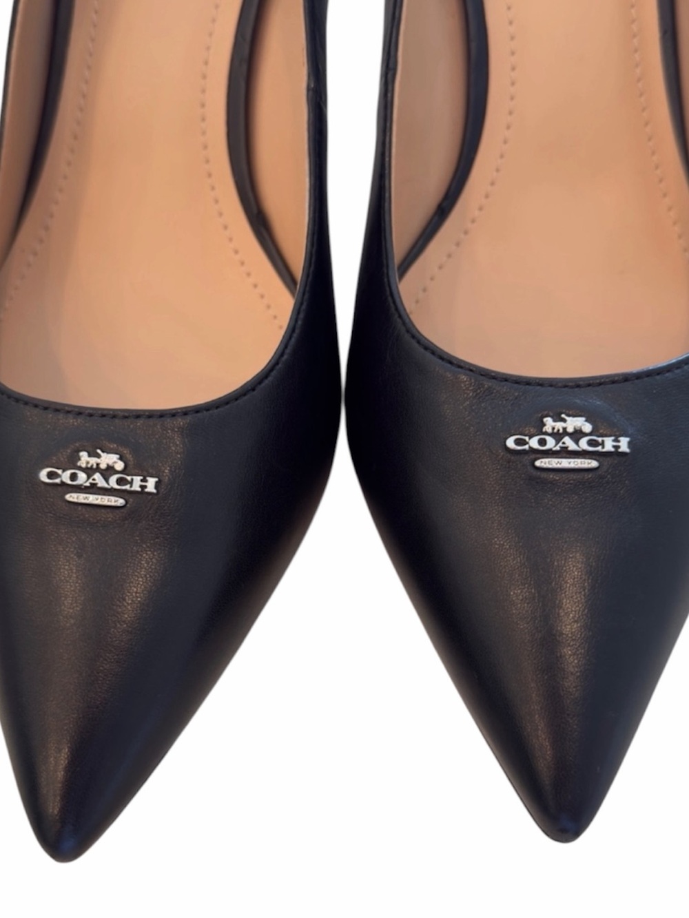 NWOT Coach Black Pointed-Toe Leather Heels with Silver Logo - Picture 2 of 7